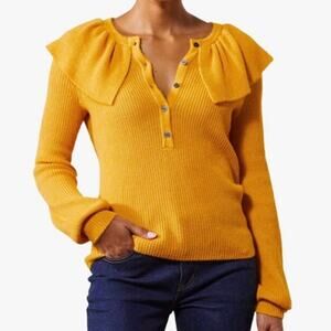 Boden Frill Collar Mustard Yellow Button Front Long Sleeve Sweater Size 4